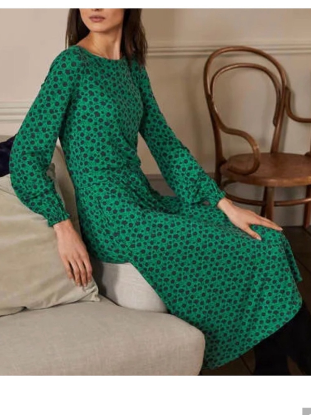 Boden Evelyn Jersey Midi Dress Sapling Leafy Bud Green Navy Floral Pockets Sz 8 - Picture 2 of 11